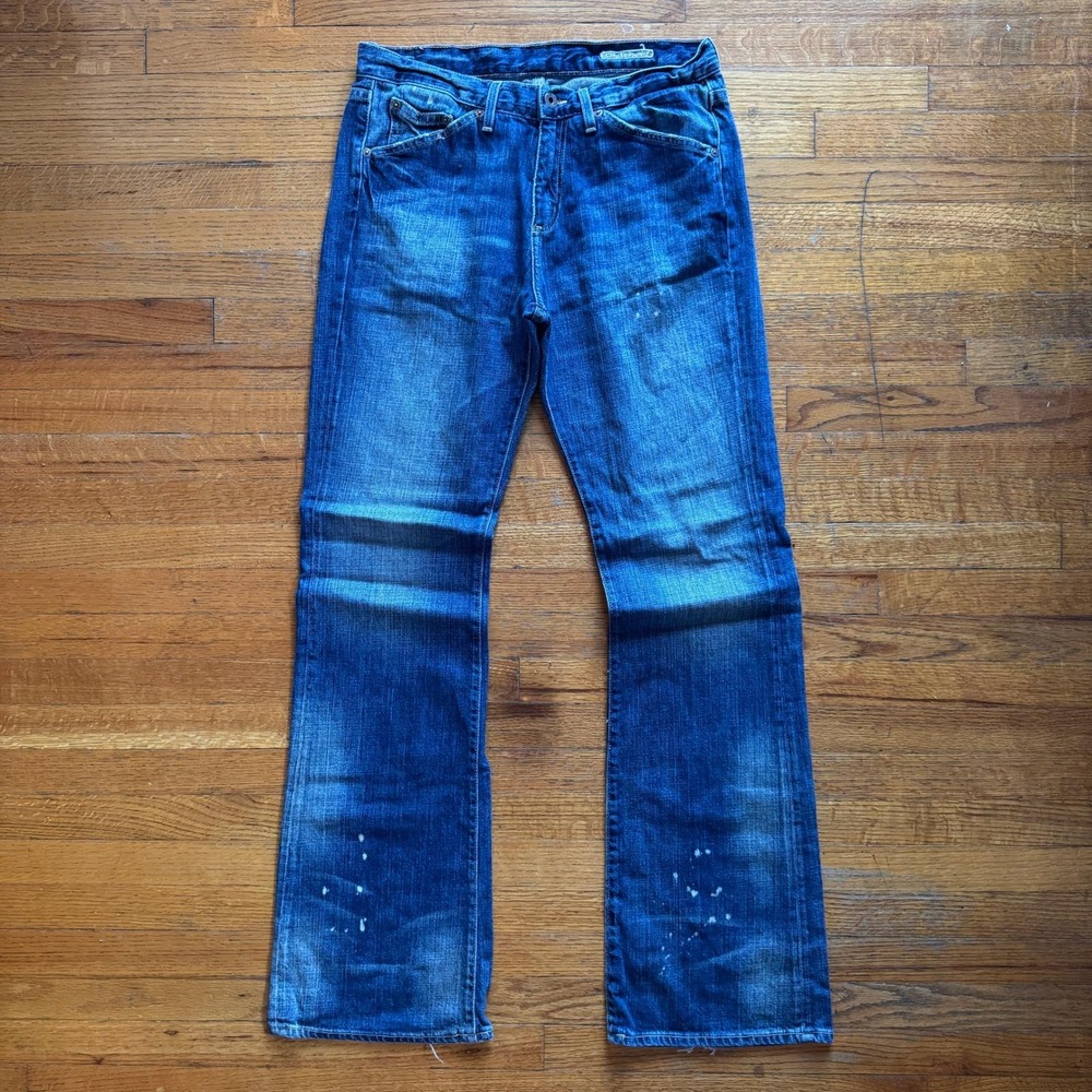 Chip & Pepper Bobby Baby Mens Bootcut Jeans Blue Distressed Paint Splatter 31x32